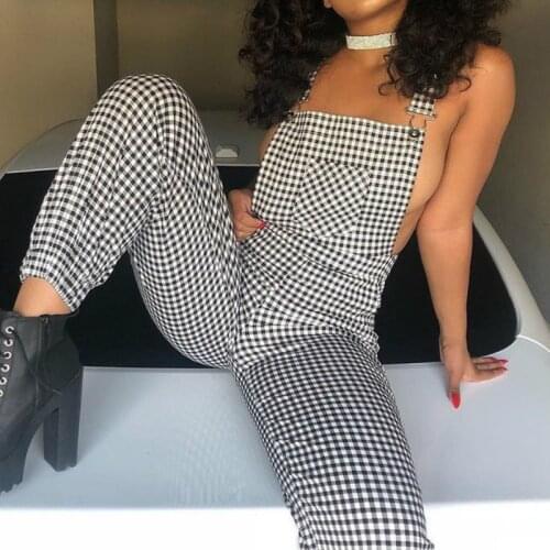 Women Casual Straps Jumpsuits Summer Autumn Clothes Fashion Ladies Plaids Checked Playsuits Backless Plain Outfits White&Black