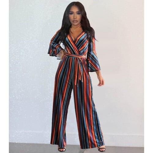 Casaul Women Jumpsuit Striped Colorful Bandage Long Wide Pants High Streetwear Long Romper Women Jumpsuit Outfit