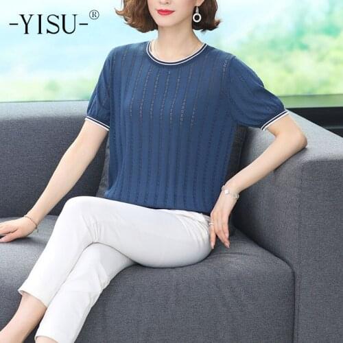 YISU 2021 New Summer Knitted Sweater Women Loose Jumper Female Pullover O neck Short sleeve Solid color lines Casual Tops