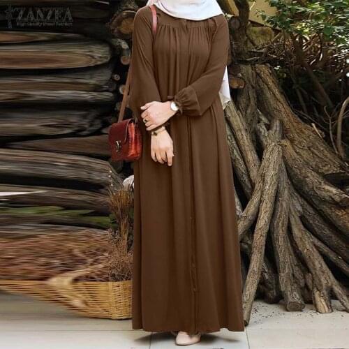 Women Vintage Long Sleeve Maxi Long Dress Dubai Abaya Turkey Hijab Dress ZANZEA Autumn Sundress Solid Muslim Islamic Clothing