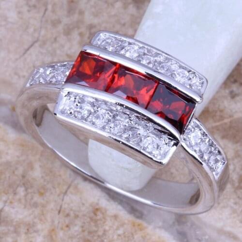 Captivating Red Garnet White CZ Silver Plated Womens Jewelry Ring Size 6 / 7 / 8 / 9 R0746