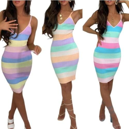 Women Close-fitting Slip Dress Stripe Pattern Deep V-neck Sleeveless Dresses S M L XL