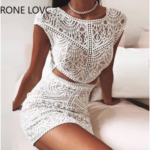 Women Solid Crochet Lace Mesh Mini Dress Elegant Fashion Chic Dress Bodycon Dress