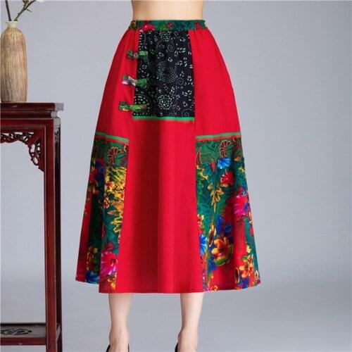 Summer New ethnic style cotton and linen Dress elastic half-length women Dress fashion female A word printing big swing Dress