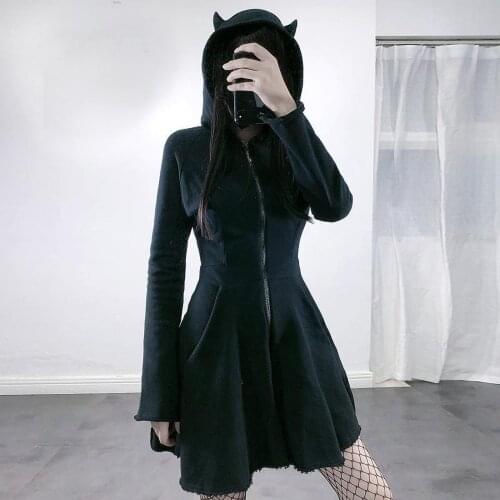 Lolita Mini Cat Ear Hoodie Gothic Dress Pullover Long Sleeve Hooded Cute Sexy Sweatshirt Dress Zipper Mini Black Club Dress 2021
