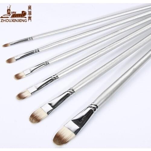 Zhouxinxing Nylon wool round flat front 6pcs silver black tail painting brush set wood pen brush Gouache acrylic oil paint brush