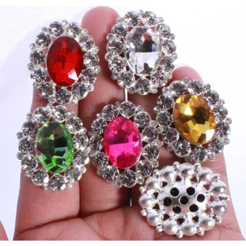 10PCS 25mm*31mm High Quality Silver Rhinestone Buttons For Wedding Decoration FlatBack Crystal Oval Metal Glass Button U Pick