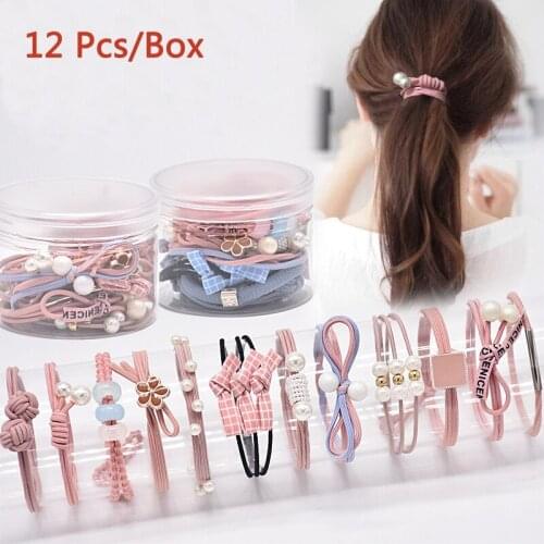 12 Pcs/Box Fashion Hair Jewelry Elastic Hair Rope Women Sweet Flowers Colored Beads Tie Hair Bands Girls Hair Accessories Set