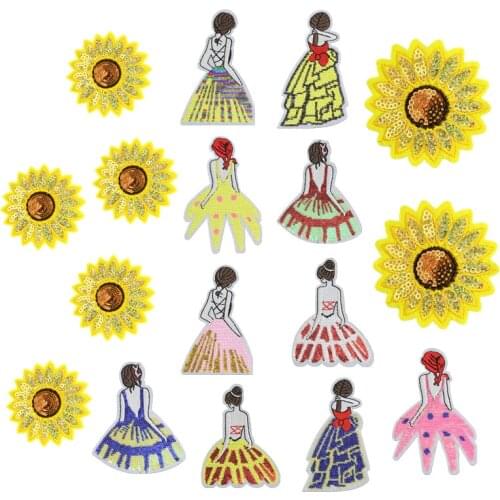30pcs/lot Embroidery Patch Fashion Sequin Sunflower Girl Skirt Dress Shirt Clothing Decoration Sewing Accessory Iron Applique