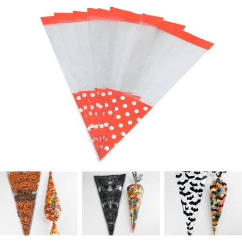 50pcs/Lot DIY Candy Bag Wedding Favors Halloween Christmas Party Decor Sweet Cellophane Print Cone Storage with Organza Pouches