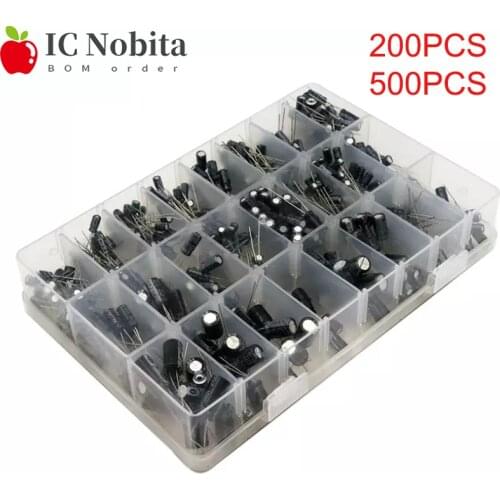 200/500PCS 24Values Aluminum Electrolytic Capacitors 15Value 0.1UF-220UF Mix Electrolytic Capacitor Assorted Kit and Storage Box