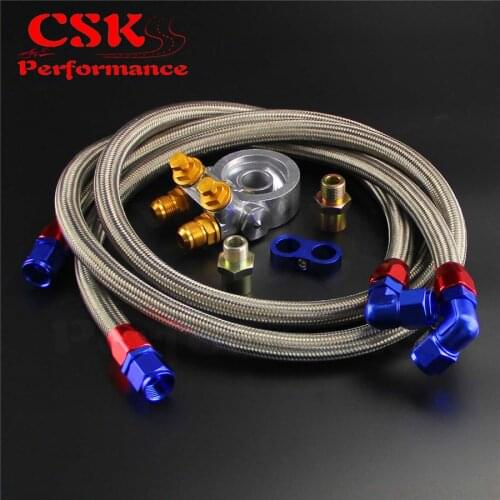 AN10 Nylon Braided / SS Braided Oil Line +Filter Sandwich Adapter Thermostat w/ 80 Degree 176F Kit Black/Silver