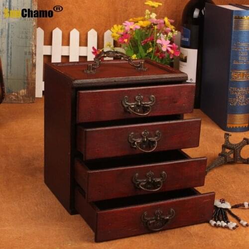 Antique Wooden Jewelry Storage Box Retro Ming & Qing Dynasty Style 4 Drawers Make-up Storage Box Organizer