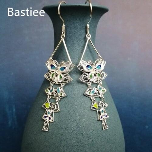 Bastiee Cloisonne Enamel Jewelry 999 Sterling Silver Butterfly Earrings For Women Blue Drop Earing Miao Silver Luxury Gifts Girl