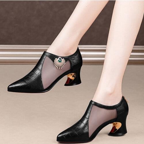 2021 Fashion Mesh Boots Woman Summer Shoes Women Mid Heels Sandals Boot Pointed toe Mixed color Footware Female BEIGE BLACK