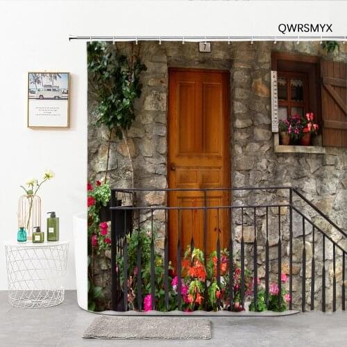 Flower Landscape At The Doorway Of Stone Wall Bathroom Curtain Shower Curtains Washable Fabric Home Decor Wall Bathroom Products