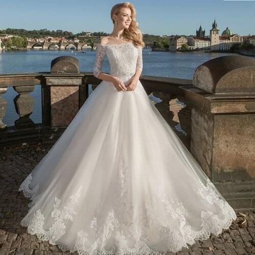 Delicate Off the Shoulder Bridal Gowns Half Sleeve Beading Belt illusion Beach Boho Wedding Dresses Princess Party Gown New 2021