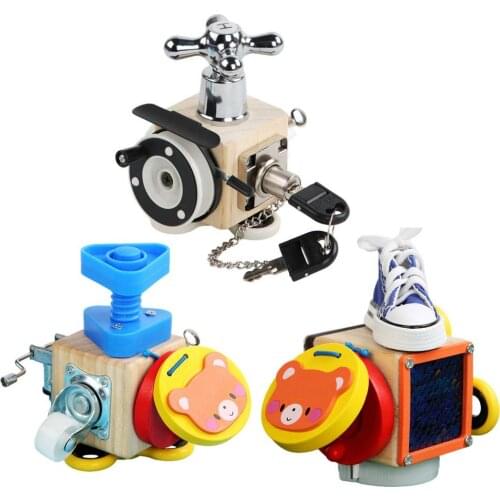 Montessori Wooden Block 6-In-1 Baby Early Educational Sensory Toys Mechanism Unlocking Rotating Screw Childrens Educational Toy