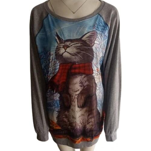 Dropshipping Women O Neck Long Sleeve Leaves Cats Print Blouse Top Autumn Winter Sweatshirt