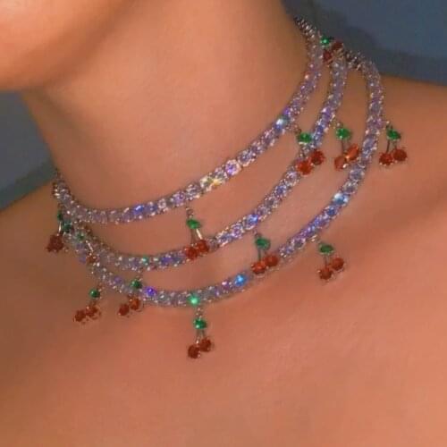 Iced out sparking bling 5A cz paved 2020 summer new cute lovely cherry charm clear cz tennis chain choker women necklace 32+10cm