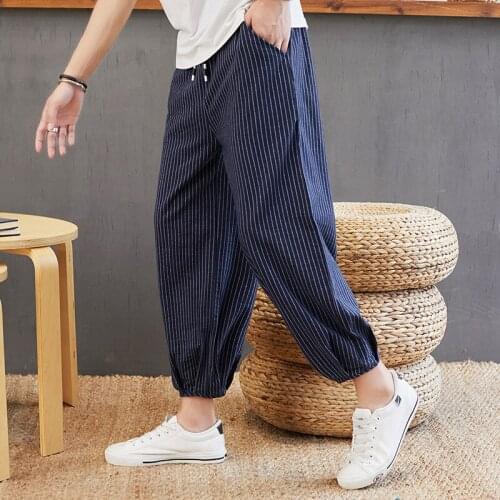 Chinese Style Linen Loose Trousers Mens Striped Casual Knickerbockers Cotton Wide Leg Bandage Haren Ankle-Length Pants