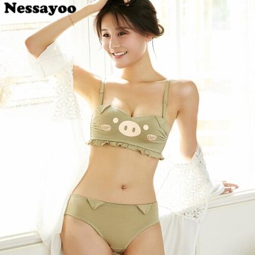 New Brand Women Cute Pig Underwear Cotton Comfortable Bra Set Young Girls Pig Print Sweet Lingerie Bra Brief Sets Sexy Bra+Panty