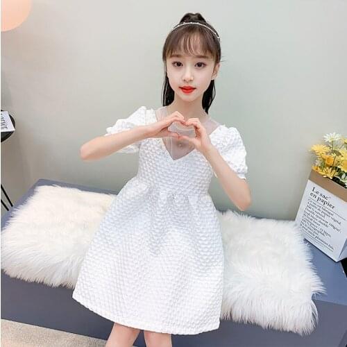 Tracksuit for Kids Girl Chiffon White Pink O-Neck Cute Dresses Summer Clothing Children Princess Dress for Teenage 4 6 8 10 12 Y