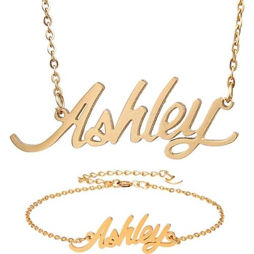 Fashion Stainless Steel Name Necklace + Bracelet Set " Ashley " Script Letter Gold Choker Chain Necklace Pendant Nameplate Gift