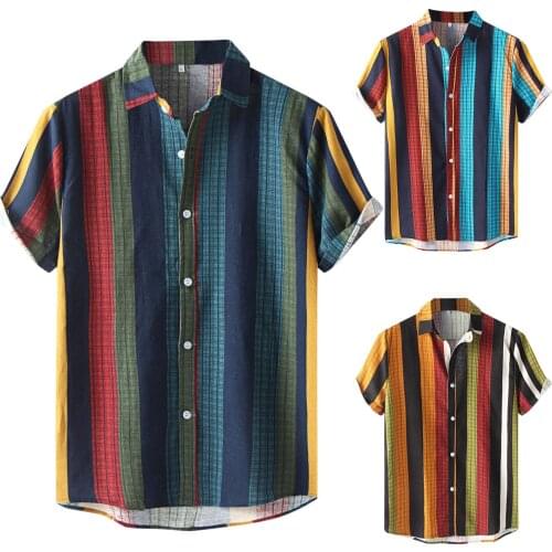Fashion Striped Mens Button Shirt Short Sleeve Print Shirts Turn-Down Collar Hawaiian Beach Shirts Men Holiday Casual Shirts