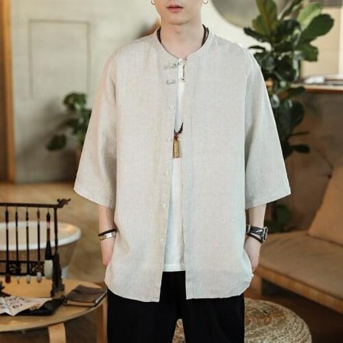 New 2021 Plus Size M-5XL White Cotton Linen Han Fu Summer Traditional Chinese Clothing Style Orient Tang Hanfu for Men Tops