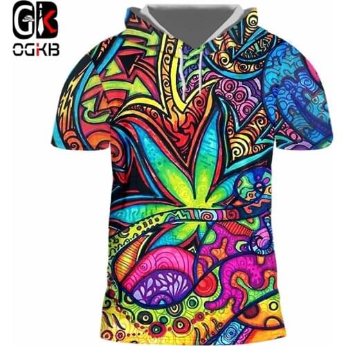 OGKB Hooded Tee Shirt Homme Hot O Neck 3D T-shirt Print Oil Painting Leaves Hip Hop 6XL Short Sleeve Hoody Hombre Cap Tee Shirt