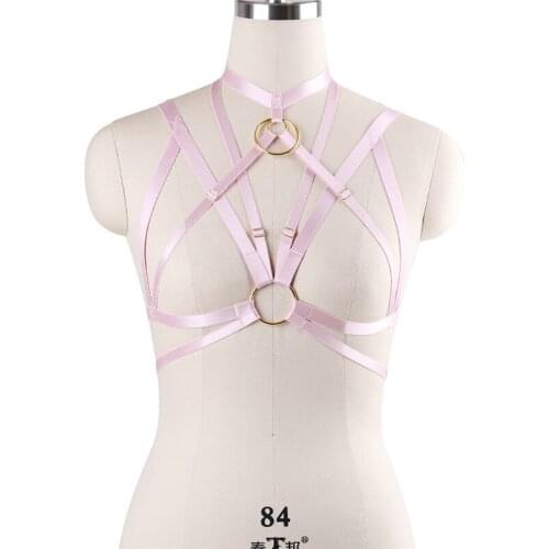 Original Design Pink Harness Bra Kawaii Hollow Out Chest Bondage Body Cage Pastel Gothic Body Harness Belt Womens Festival Rave