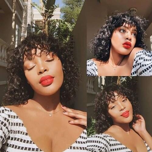 QT Highlight Wig Short Bob Human Hair Wigs with bangs Indian water wave Full Machine Made Wigs For Women Remy Pixie Cut Bob Wig