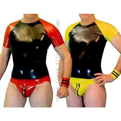 Mens sexy latex bondage underwear suits includes tight latex t-shirt and thong what is made of 0.4mm natural latex materials
