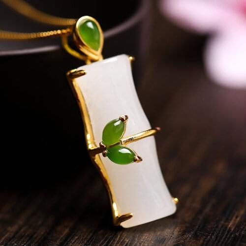 Silver natural Hetian white jade bamboo Pendant Necklace Chinese style retro elegant small fresh romantic charm womens jewelry