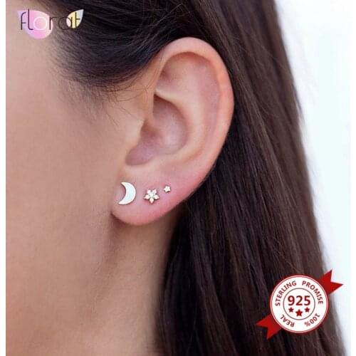 Minimalist 925 Sterling Silver Tiny Star/Moon/Bar Shaped Stud Earrings for Women CZ Crystal Cartilage Earrings Fashion Jewelry