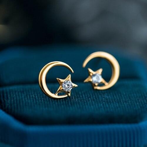 Morivovog 925 Sterling Silver Zirconia Moon Star Small Earrings for Girls Simple Prevent Allergy Mini Earrings 14K Gold Jewelry