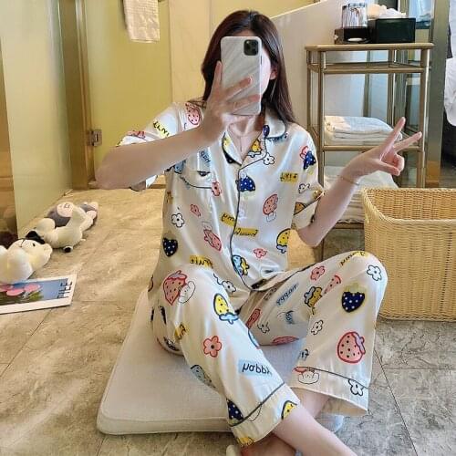 Silk Pajamas for Womens Satin Pyjama Set Short Sleeve Casual Sleepwear &girl Nightwear Comfortable Strawberry Loungewear Satin