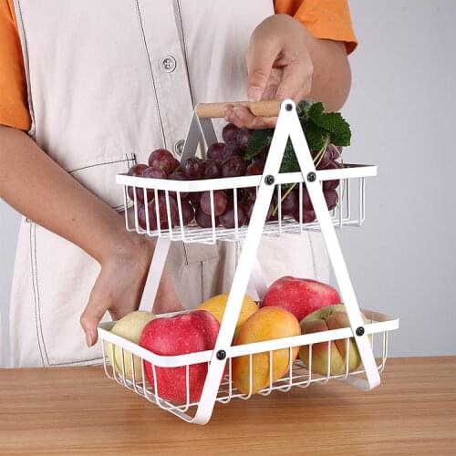 Nordic Folding Double-layer Portable Wrought Iron Basket Kitchen Storage Basket Rack Storage Rack Fruit Basket