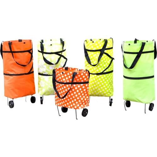 Folding Shopping Bag Solid Color/ Printed Pattern Portable Trolley Storage Bag with Collapsible Wheels