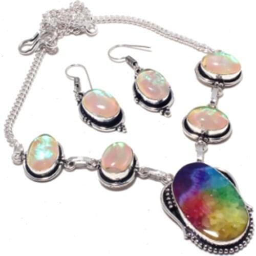 Solar Quarts,Dichroic Glass Necklace Earing Silver Overlay over Copper , 42cm, FRN0012