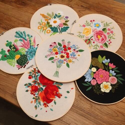 Flower DIY Embroidery Starter Kit with Frame for Beginner Pattern Printed Needlework Cross Stitch Sewing Art Painting Decor