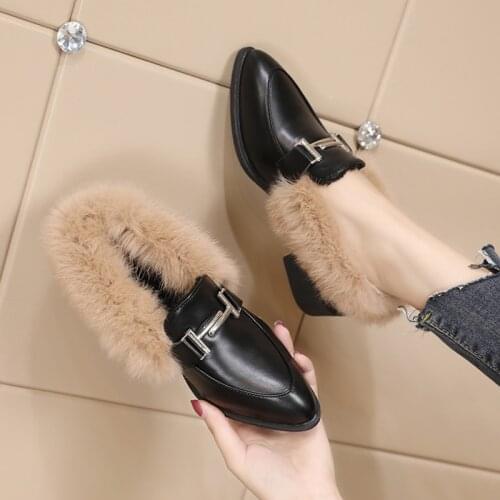 Pointed Toe Women Shoes Autumn All-Match Black Flats Loafers With Fur Womens Heels Female Footwear Oxfords Casual Sneaker