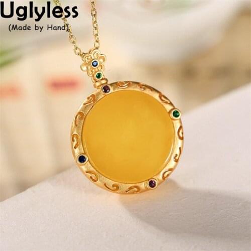 Uglyless Peace Buttons Oriental Flavor Jewelry Sets Women Natural Amber Beeswax Earrings Pendants Necklaces 925 Silver NO Chains