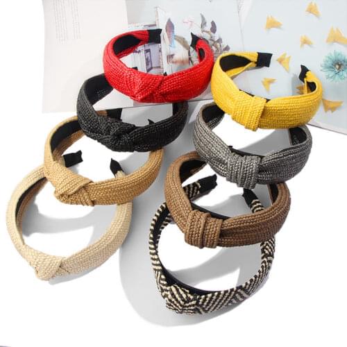 Women Hairband Straw Weaving Knotted Headband Bohemian Wide Cross Knot Hair Bands Hoop Bezel Handmade Hair Accessories