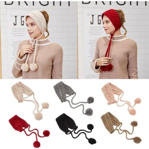 Women Men Winter Cable Knitted Earmuffs Headband Solid Color Pompom Chin Strap Chunky Crochet Thermal 2 In 1 Scarf Earflap