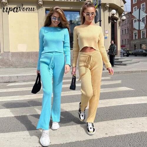 Free Shipping Casual Women Knitted Pants Set O-neck Long Sleeve Pullover Knitwear & Flared Pants Fashion Two-piece Sets 2021 New