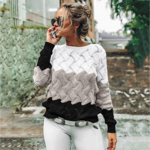 Stylish Bar Women Vintage Splice Sweaters Long Sleeve Crewneck Knitted Pullover Sweater Casual Fall Winter Lady Pullovers Jumper