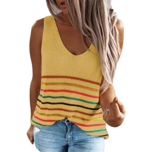 Women Vest Summer Fashion V Neck Sleeveless Horizontal Stripes Knitted Vest Blouse Horizontal Stripes Knitted Vest Blouse