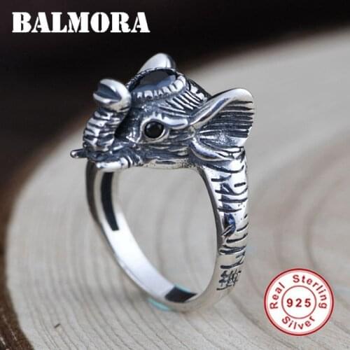 BALMORA 100% Pure 925 Sterling Silver Elephant Ring For Women Men Animal Ring Open Adjustable Finger Ring Vintage Jewelry Gift
